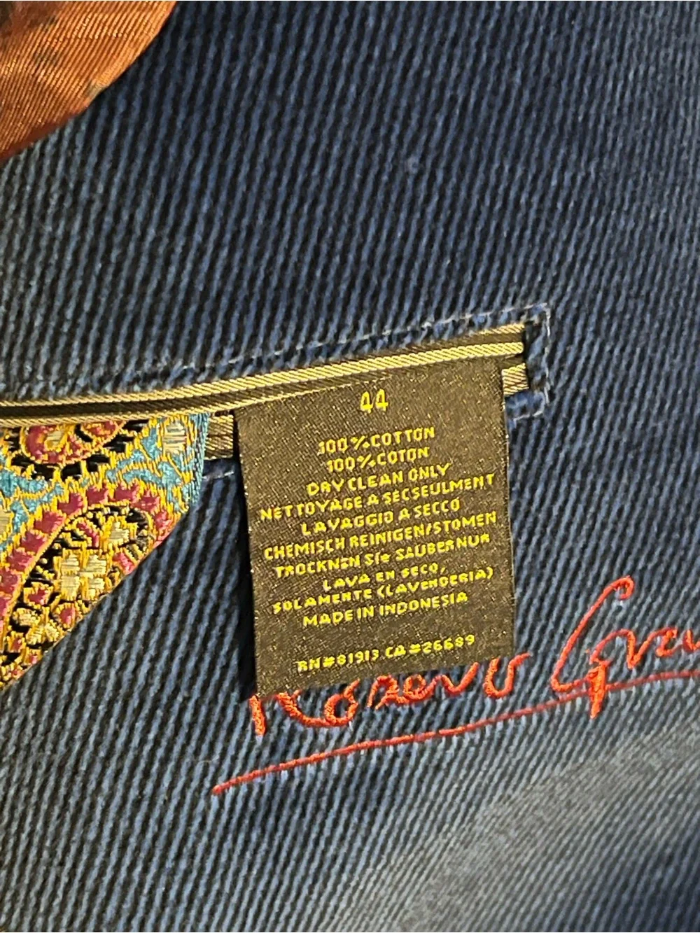 Robert Graham Navy Blue Velvet Corduroy Blazer Printed Lining 44 R Detail Art EC